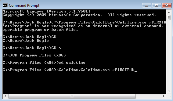 Command prompt navigation to calctime.exe